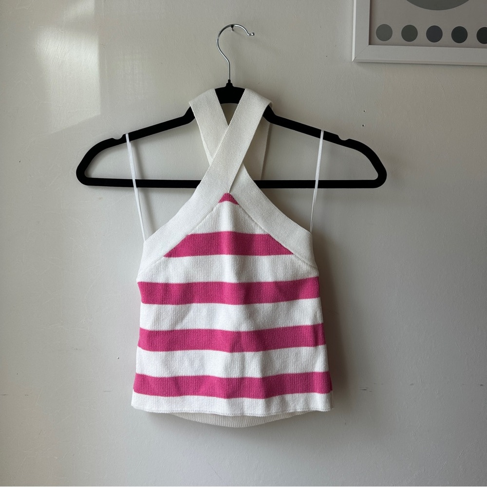 Striped Halter Knit Tank Top - White & Pink